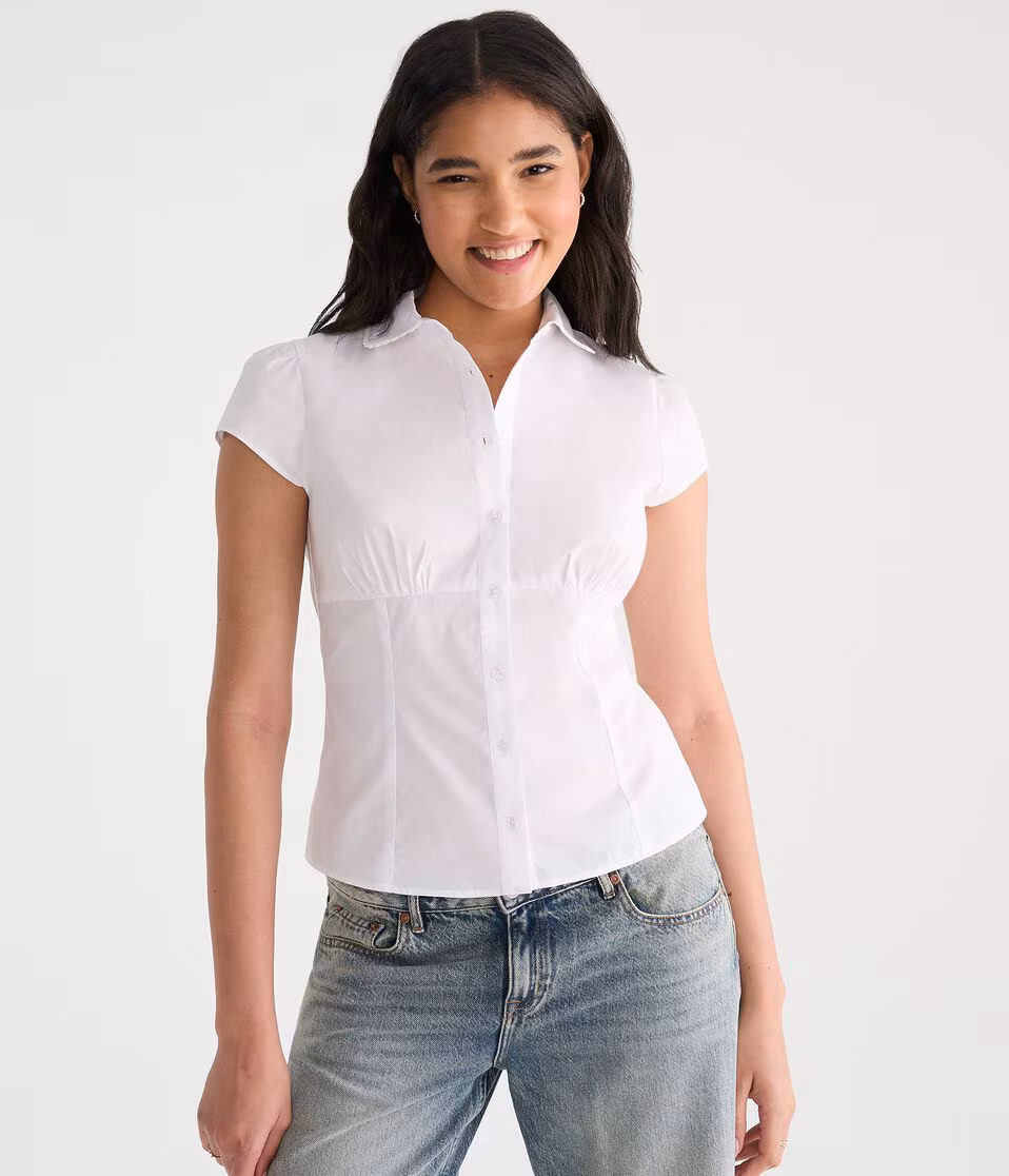Short Sleeve Peter Pan Tie-Back Blouse