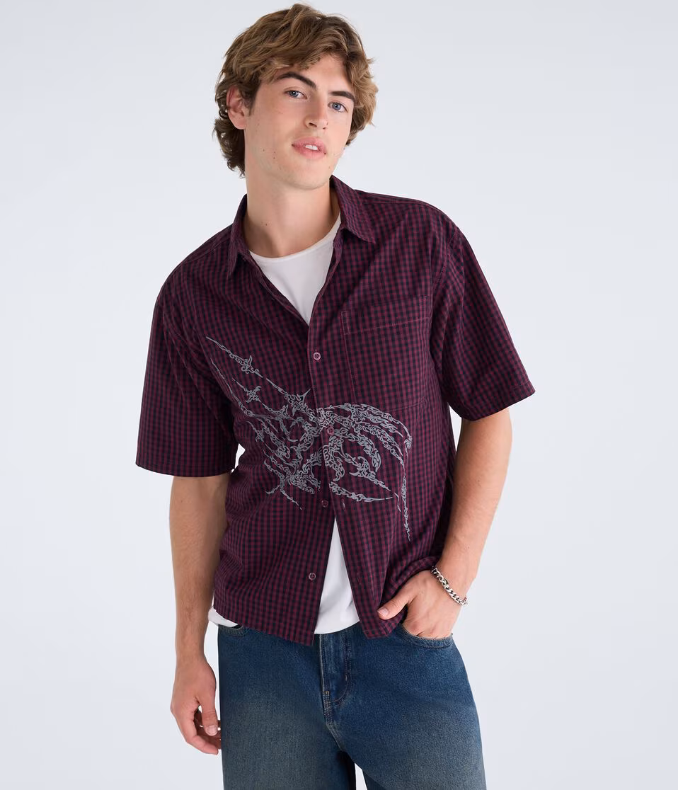 Graphic Microplaid Boxy Shirt