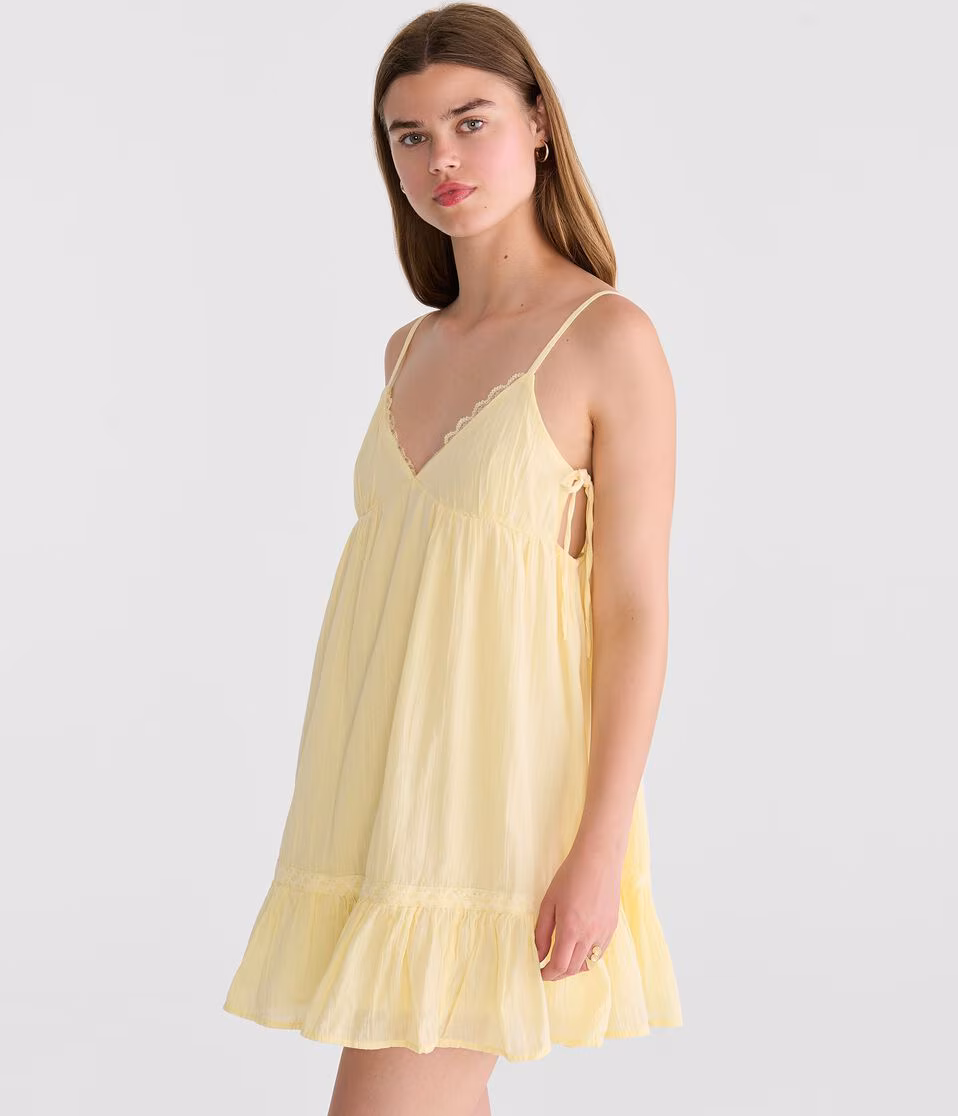 Solid V-Neck Lace-Trim Babydoll Mini Dress