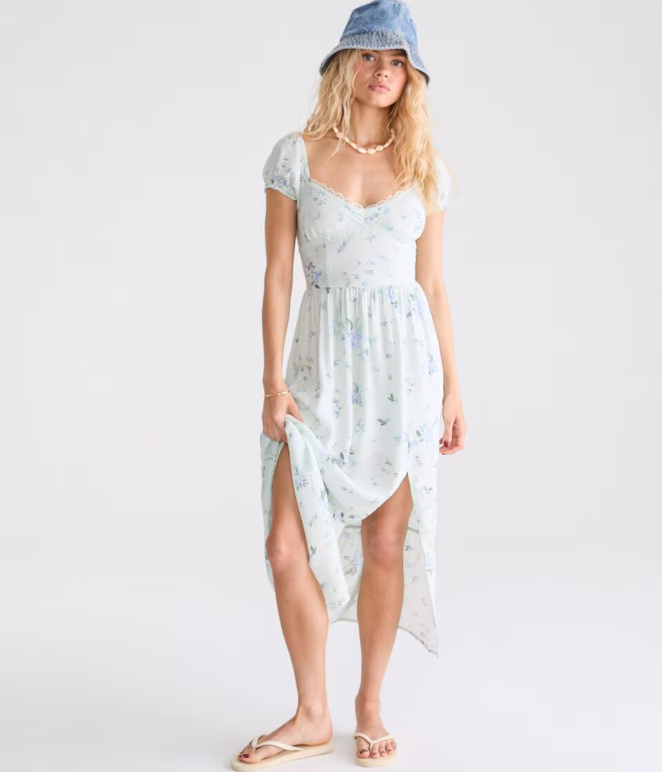 Floral V-Neck Lace Midi Dress
