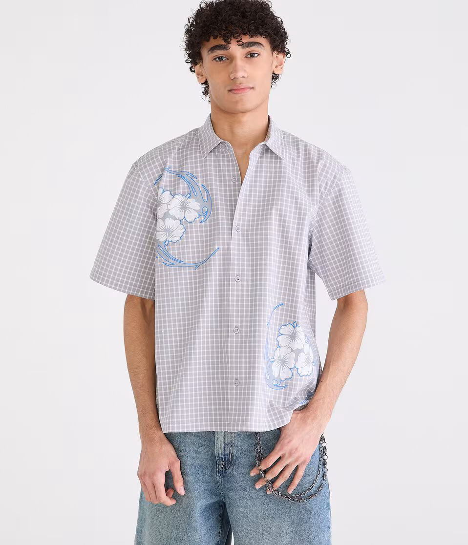 Floral Tattoo Microplaid Boxy Shirt
