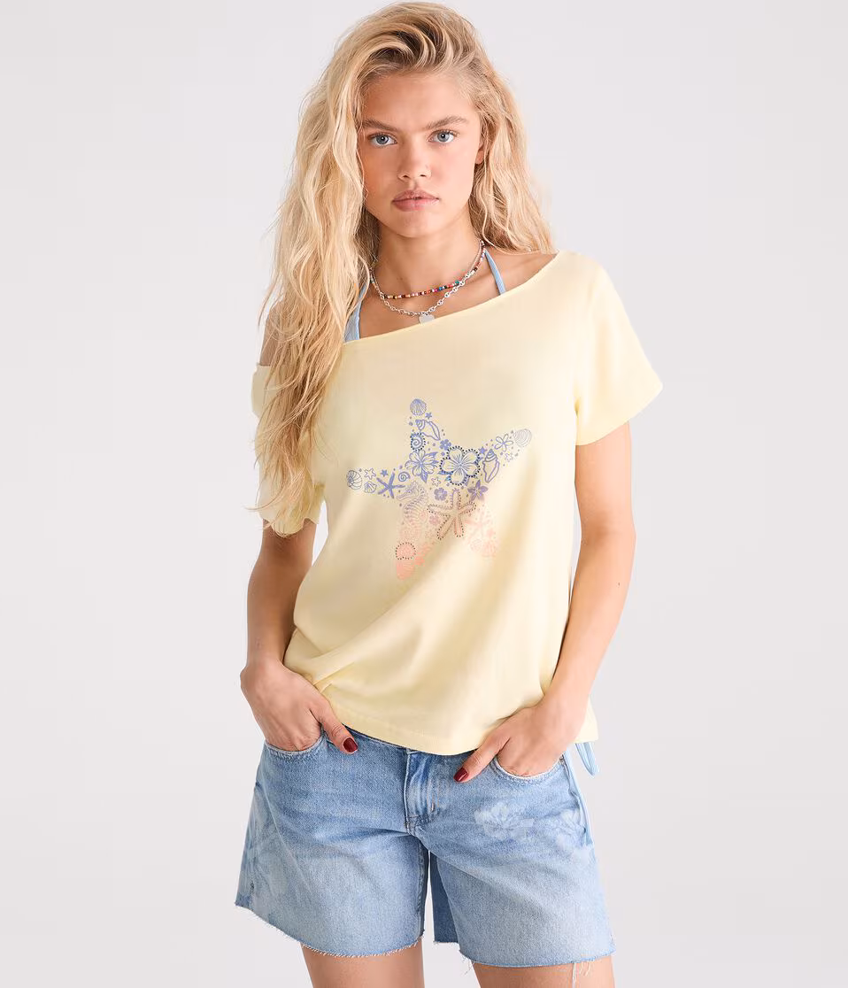 Seriously Soft Rhinestone Starfish Off-The-Shoulder Vintage Fit Tee