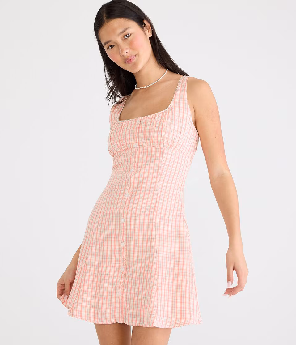 Plaid Square-Neck Button-Front A-Line Mini Dress