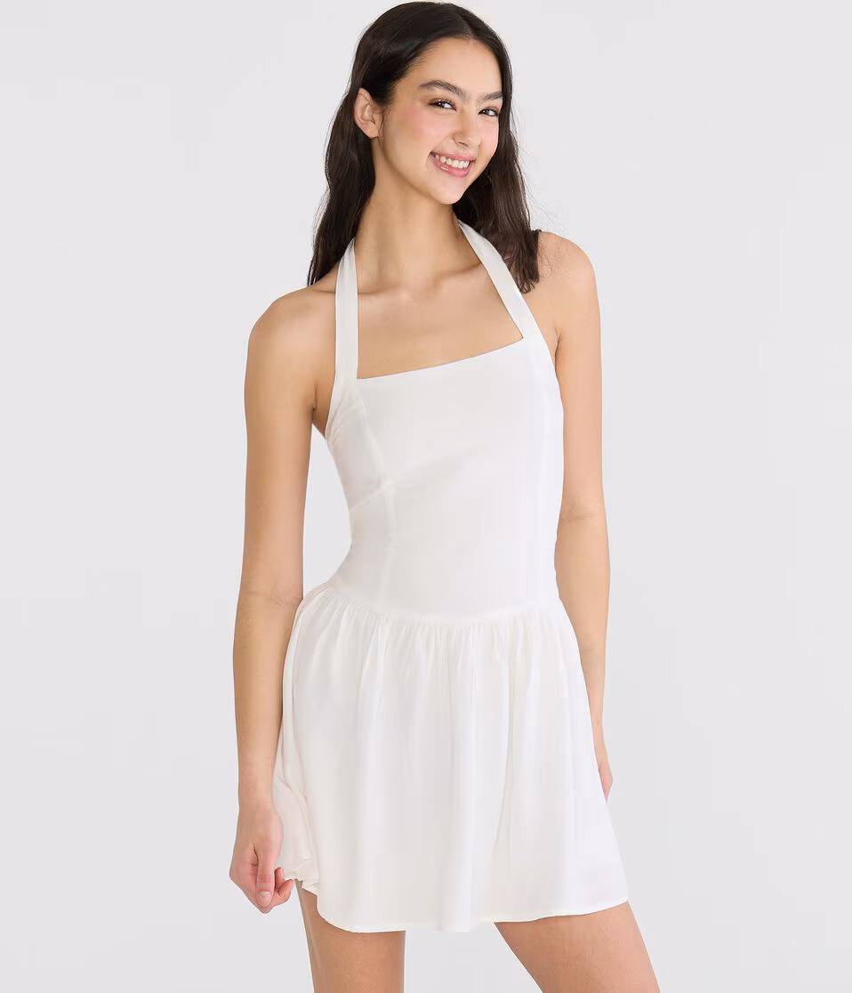 Solid Square-Neck Halter Drop-Waist Mini Dress