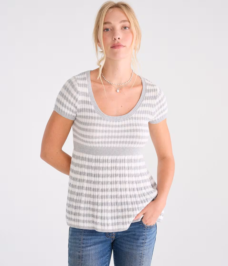 Short Sleeve Striped Scoop-Neck Babydoll Sweater