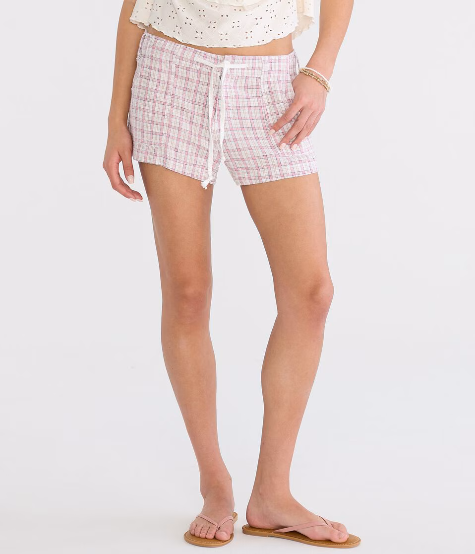 Plaid Low-Rise Linen Shorts