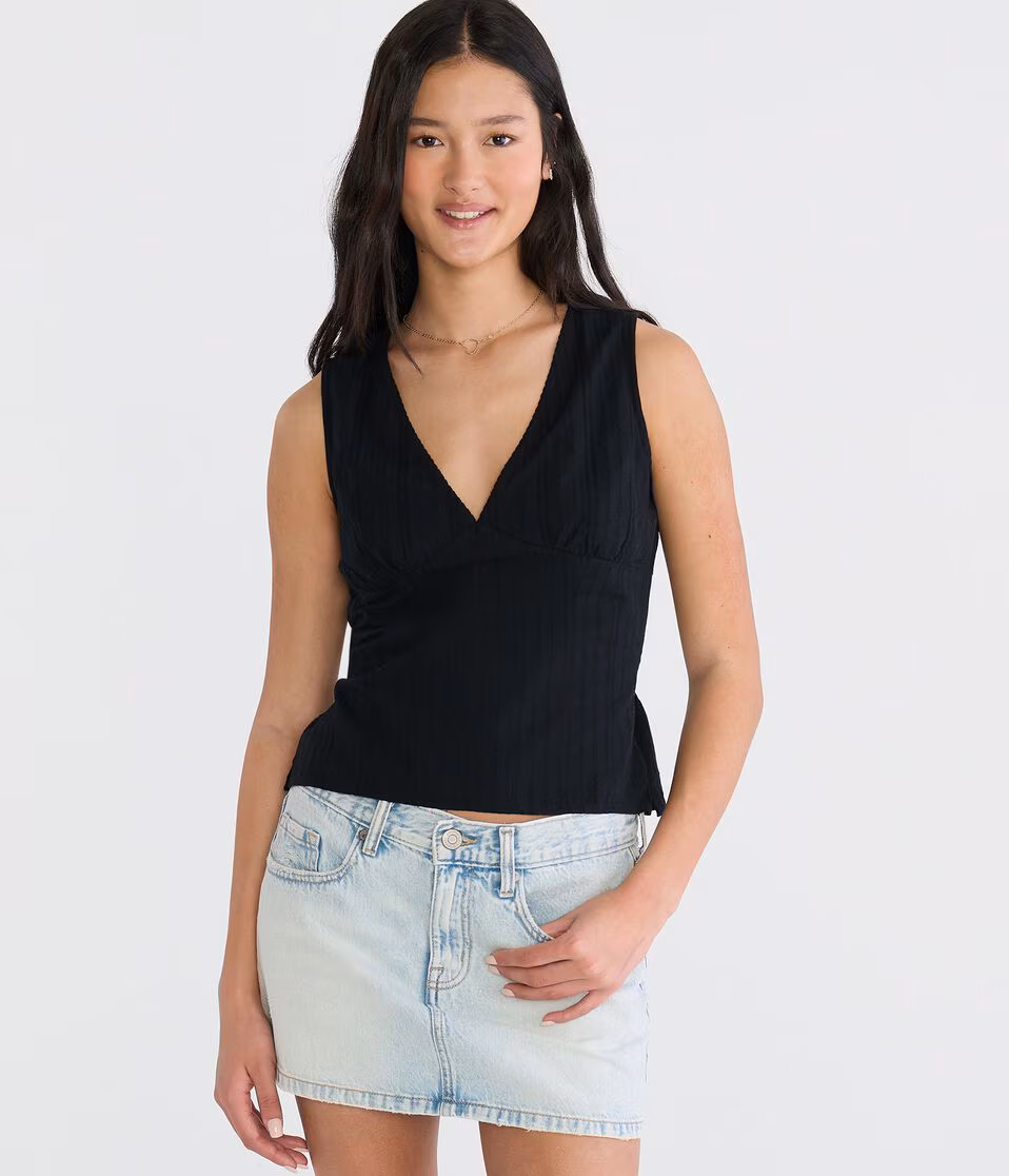 Textured Stripe Tie-Back V-Neck Tank Top