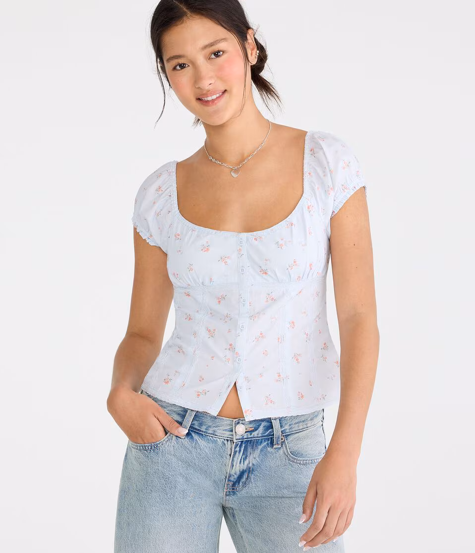 Floral Button-Front Scoop-Neck Blouse